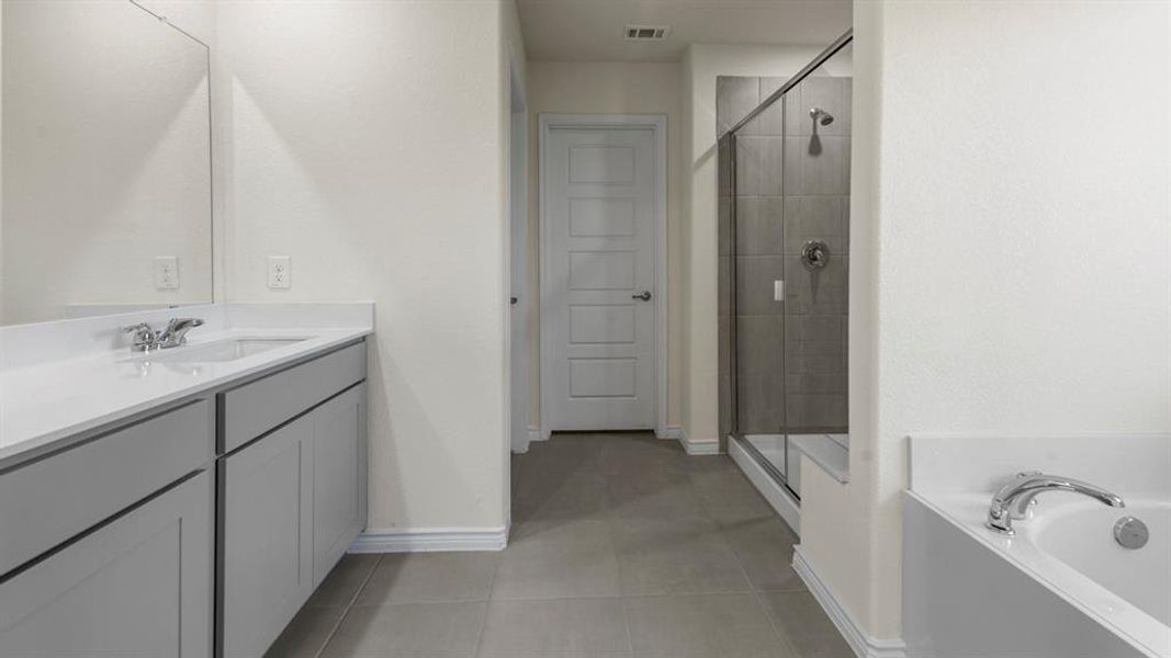 The bathroom features a double vanity with light gray cabinetry and white countertops, a large glass-enclosed shower with gray tiled walls, and a white bathtub with chrome fixtures