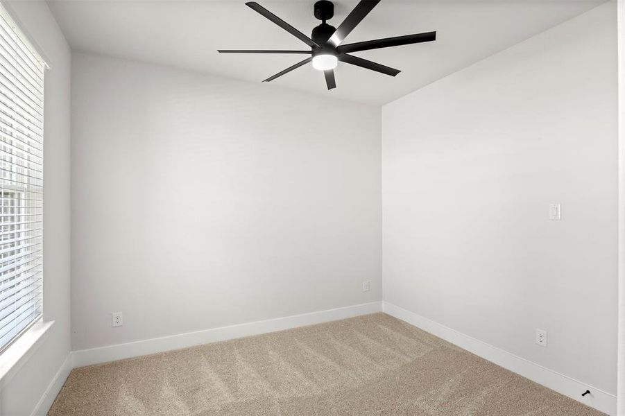 Empty room featuring carpet floors and a ceiling fan