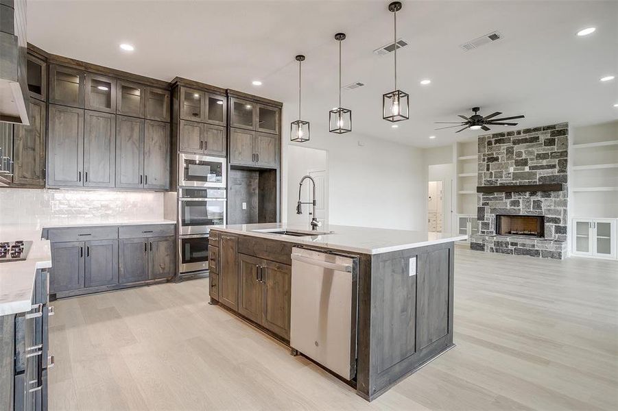 Kitchen with a fireplace, built in features, light hardwood / wood-style flooring, ceiling fan, and appliances with stainless steel finishes