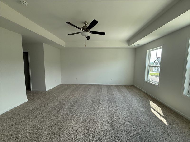 A spacious bedroom with plush carpeting features t A spacious bedroom with plush carpeting features t