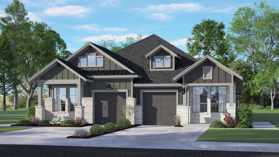 Front exterior of a new home in Meridiana, Manvel, TX, highlighting curb appeal (Image 21).