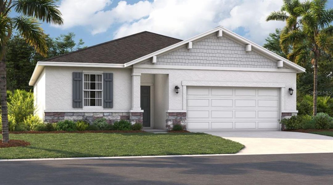 Front exterior of a new home in Groves at Whitemarsh, Leesburg, FL, highlighting curb appeal (Image 1).