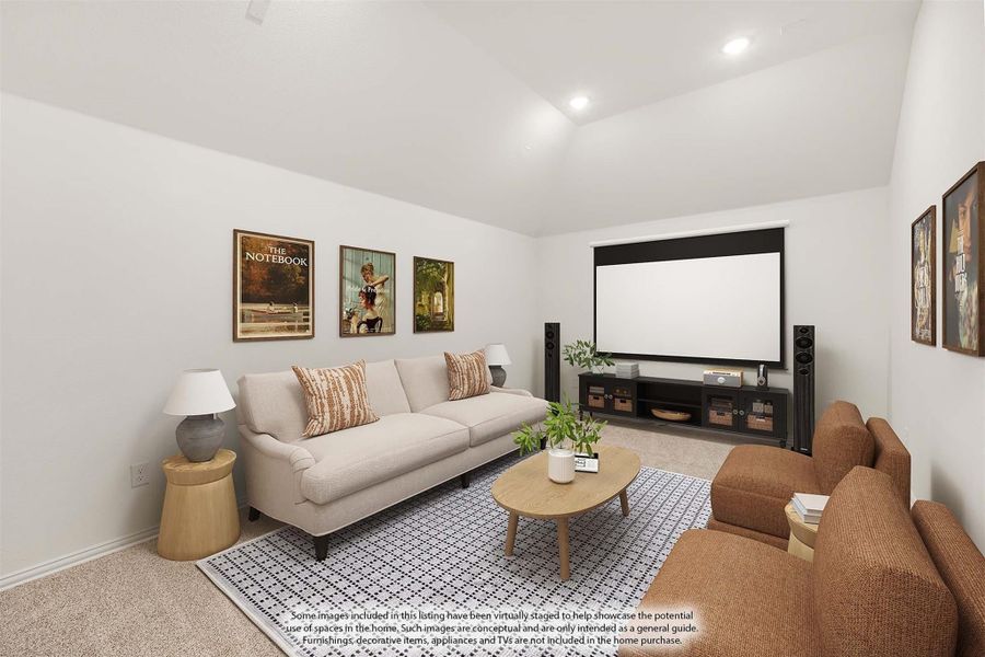Media room with large projection screen, sofa, and carpet flooring