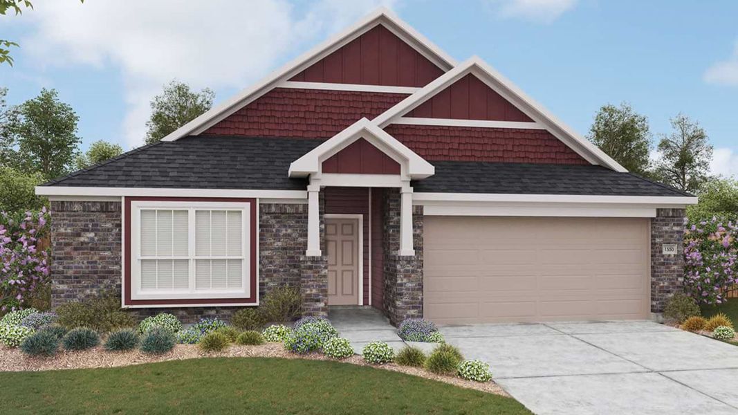 Representative exterior photo of a completed home built from the Avalon by DRB Homes in Creeks Crossing, Elgin, TX (Image 6). Representative exterior photo of a completed home built from the Avalon by DRB Homes in Creeks Crossing, Elgin, TX (Image 6).