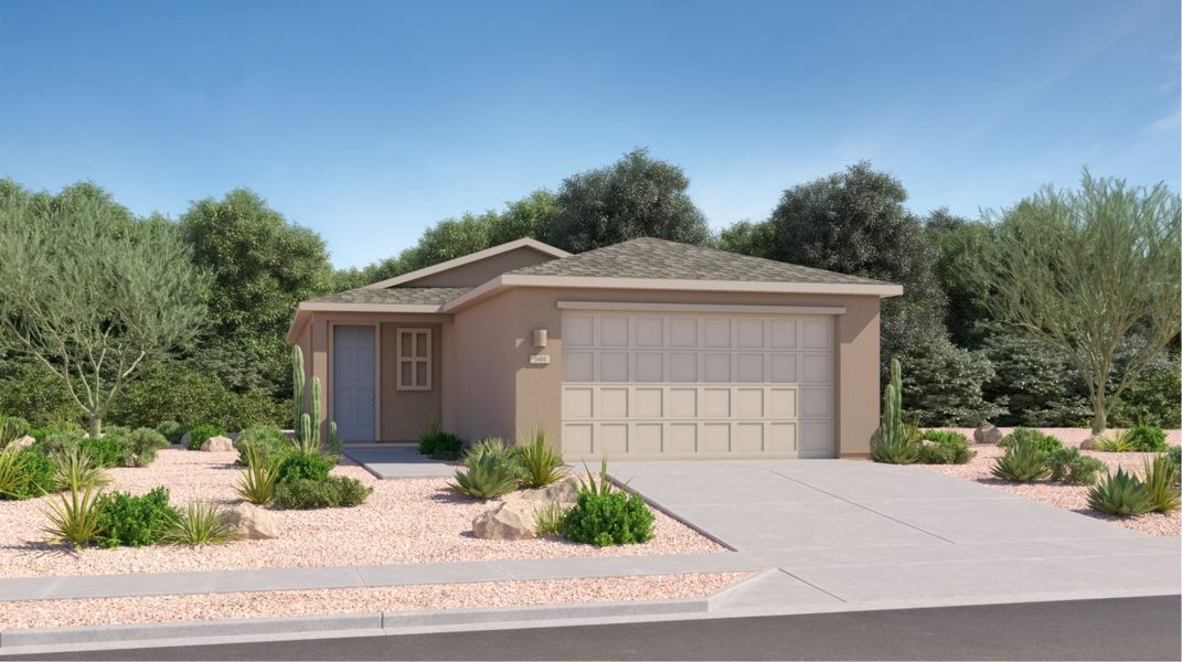 Front exterior of a new home in Springwood at Gladden Farms, Marana, AZ, highlighting curb appeal (Image 1). Front exterior of a new home in Springwood at Gladden Farms, Marana, AZ, highlighting curb appeal (Image 1).
