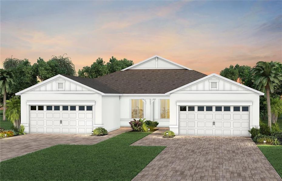 Front exterior of a new home in Del Webb at Viera, Melbourne, FL, highlighting curb appeal (Image 1). Front exterior of a new home in Del Webb at Viera, Melbourne, FL, highlighting curb appeal (Image 1).