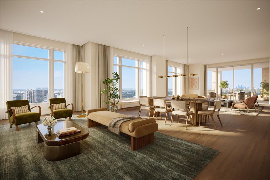 Welcome to The Ritz-Carlton Residences, Houston, where timeless design meets elevated luxury. Each residence features 8-inch straight plank white oak flooring, soaring 10-foot ceiling heights, and thoughtfully designed formal dining spaces complemented by stunning views.