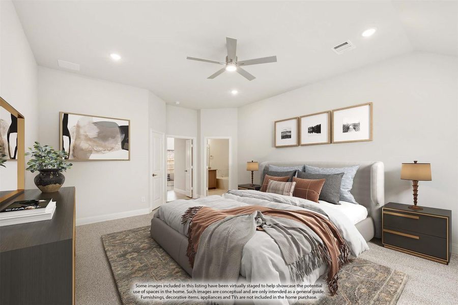 Master bedroom with ceiling fan, carpet flooring, and ensuite bathroom doorway visible in background