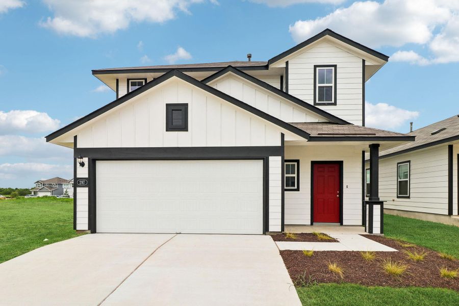 Front exterior of a new home in Hymeadow, San Marcos, TX, highlighting curb appeal (Image 2). Front exterior of a new home in Hymeadow, San Marcos, TX, highlighting curb appeal (Image 2).
