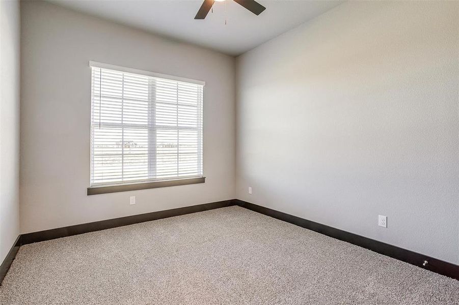 Carpeted spare room with a wealth of natural light and ceiling fan