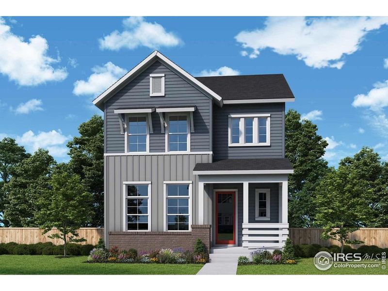 Front exterior of a new home in Kinston Cottage, Loveland, CO, highlighting curb appeal (Image 1).