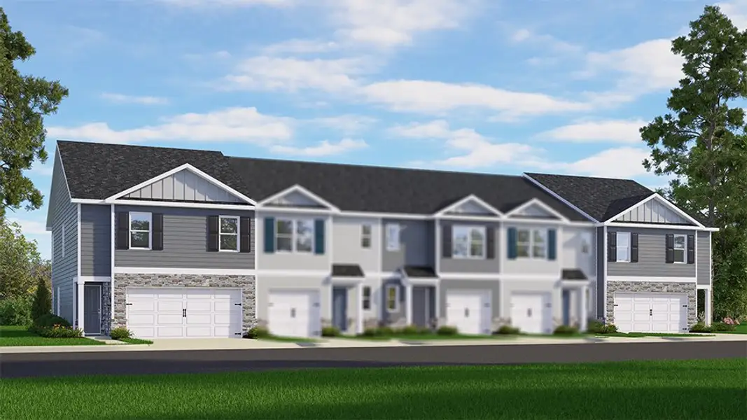 Front exterior of a new home in The Townes at Matthews Landing, Fuquay Varina, NC, highlighting curb appeal (Image 1). Front exterior of a new home in The Townes at Matthews Landing, Fuquay Varina, NC, highlighting curb appeal (Image 1).