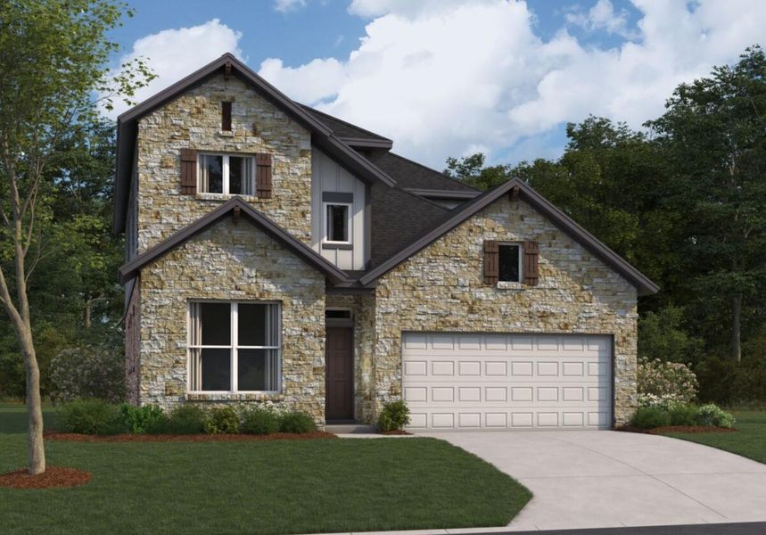 Front exterior of a new home in Estancia West, Manchaca, TX, highlighting curb appeal (Image 18).