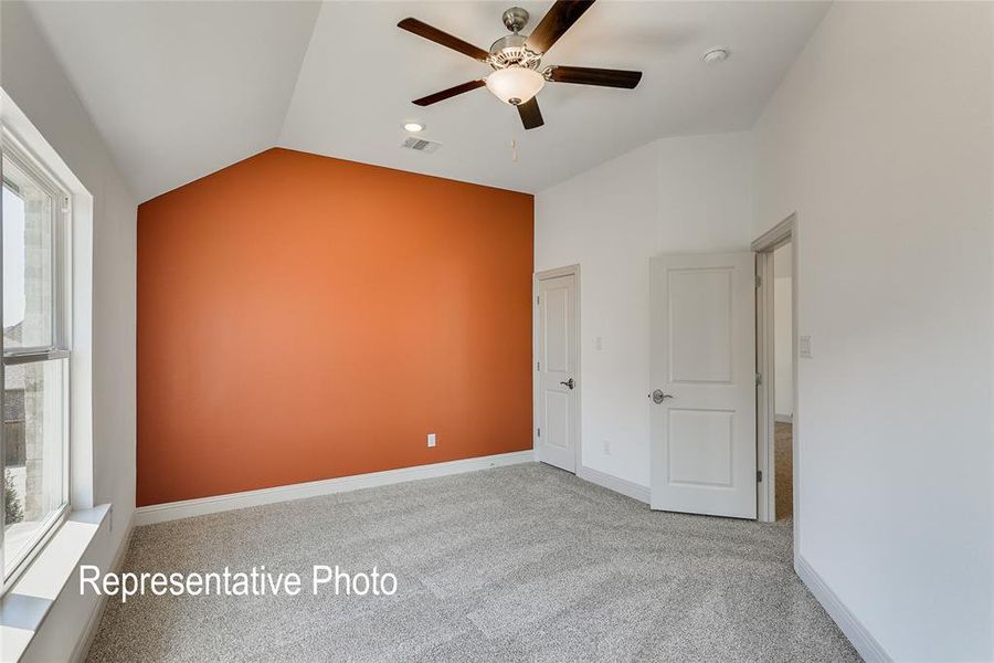 Carpeted empty room with plenty of natural light, ceiling fan, and lofted ceiling