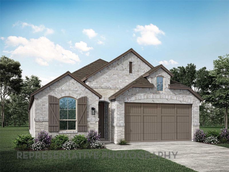 French country inspired facade with an attached garage, concrete driveway, stone siding, and a front lawn French country inspired facade with an attached garage, concrete driveway, stone siding, and a front lawn