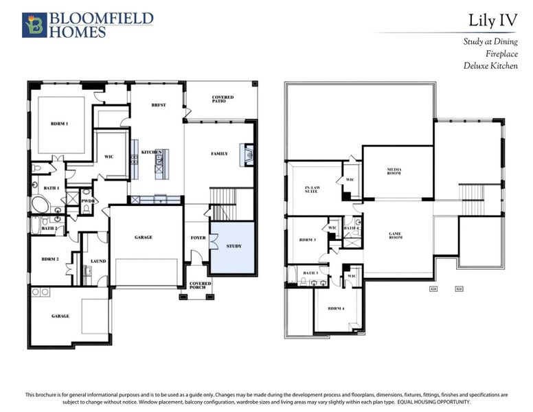 Bloomfield Homes Lily IV two-story floor plan with four bedrooms, game room, media room, and covered patio.