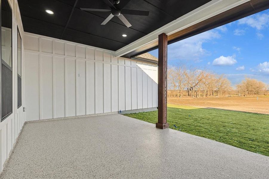 View of patio with ceiling fan