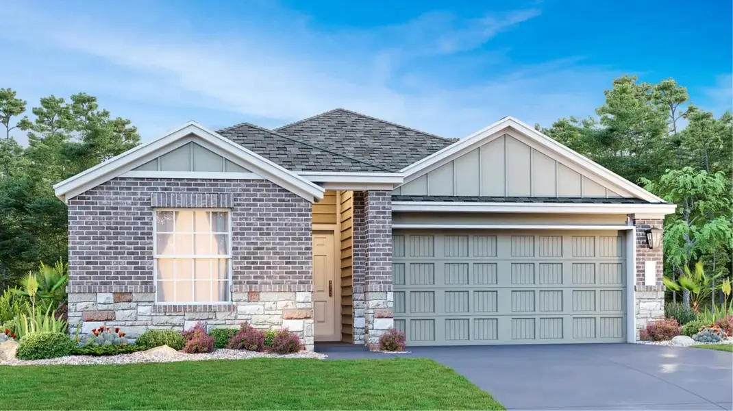 Front exterior of a new home in Cotton Brook: Claremont Collection, Hutto, TX, highlighting curb appeal (Image 1). Front exterior of a new home in Cotton Brook: Claremont Collection, Hutto, TX, highlighting curb appeal (Image 1).
