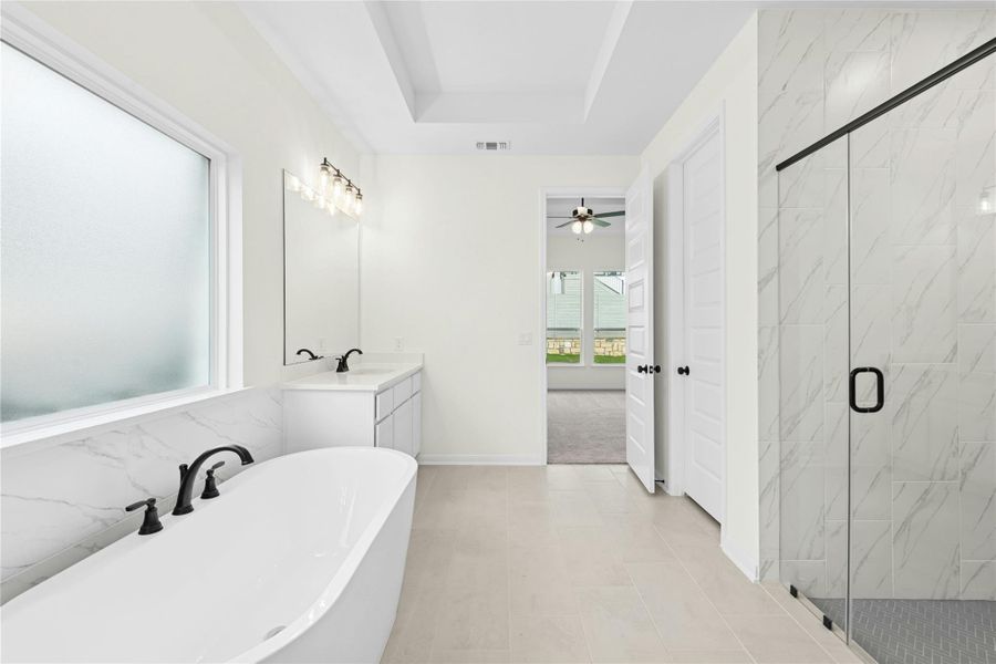 Full bath with a freestanding bath, a marble finish shower, vanity, a ceiling fan, and a tray ceiling Full bath with a freestanding bath, a marble finish shower, vanity, a ceiling fan, and a tray ceiling