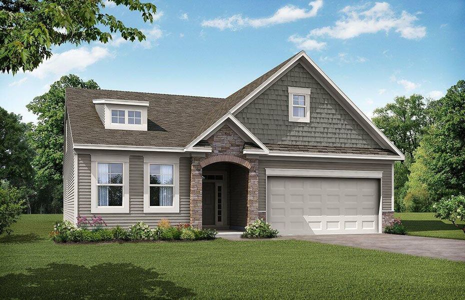 Front exterior of a new home in The Enclave at Hidden Lake - 55+ Community, Youngsville, NC, highlighting curb appeal (Image 1). Front exterior of a new home in The Enclave at Hidden Lake - 55+ Community, Youngsville, NC, highlighting curb appeal (Image 1).
