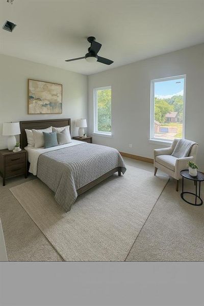 Bedroom with ceiling fan and light carpet Bedroom with ceiling fan and light carpet