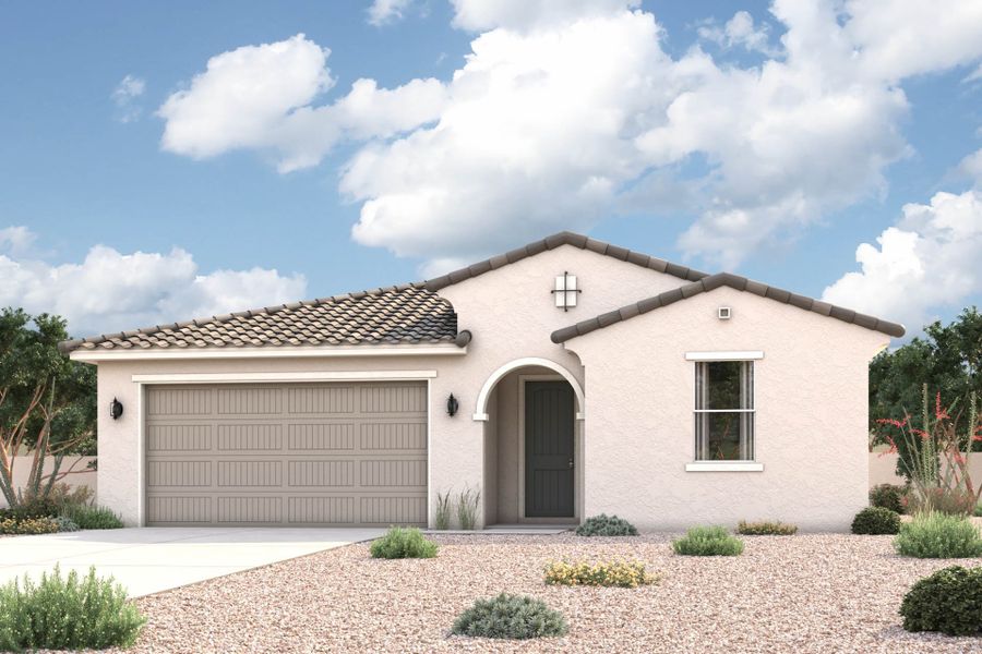 Front exterior of a new home in Silver Cross, Florence, AZ, highlighting curb appeal (Image 1). Front exterior of a new home in Silver Cross, Florence, AZ, highlighting curb appeal (Image 1).