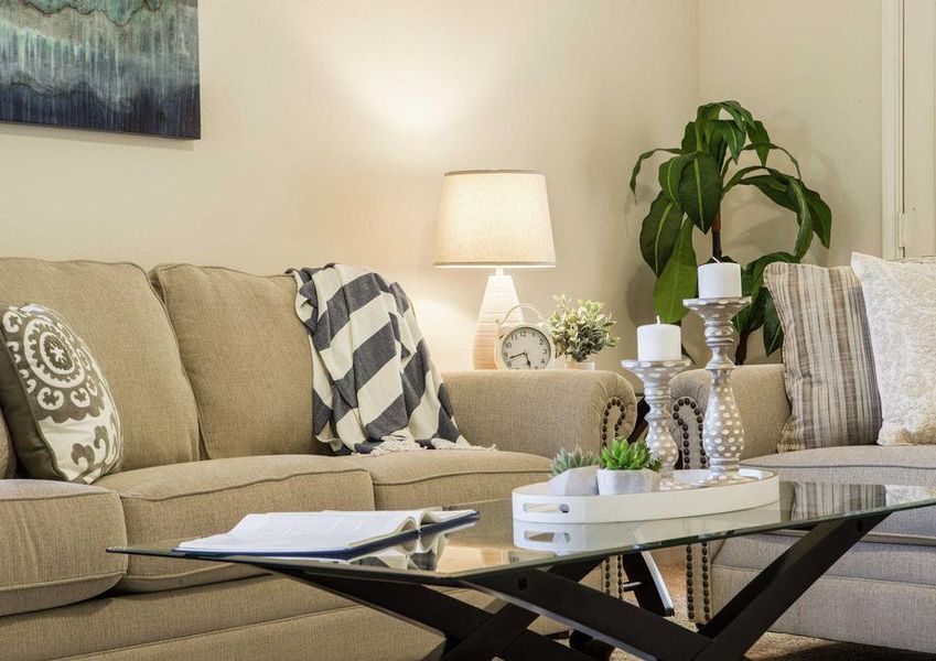 Staged living room with glass top wooden coffee table, beige sofa with striped blanket, and house plant in the corner of the room.