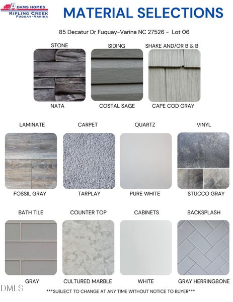 Material and Color selections