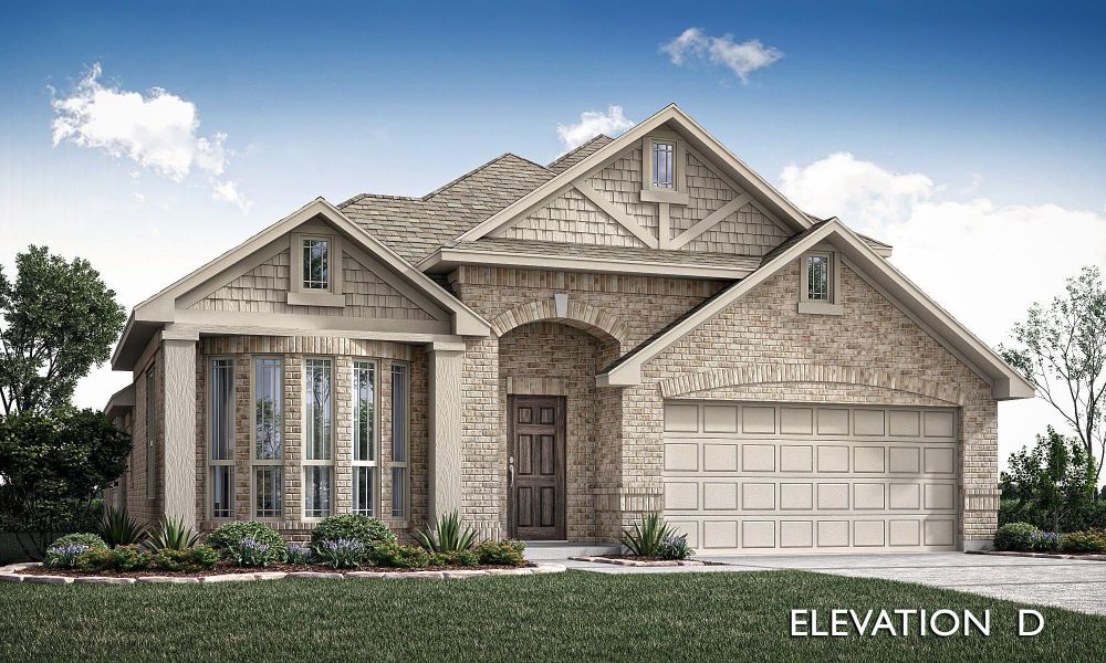 Single-story brick home with arched entry, two-car garage, and craftsman-style roofline, Elevation D Single-story brick home with arched entry, two-car garage, and craftsman-style roofline, Elevation D