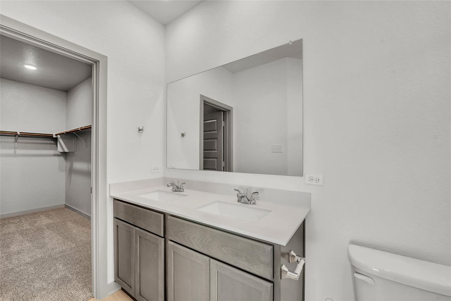 Bathroom with double vanity, a walk in closet, light carpet, and recessed lighting
