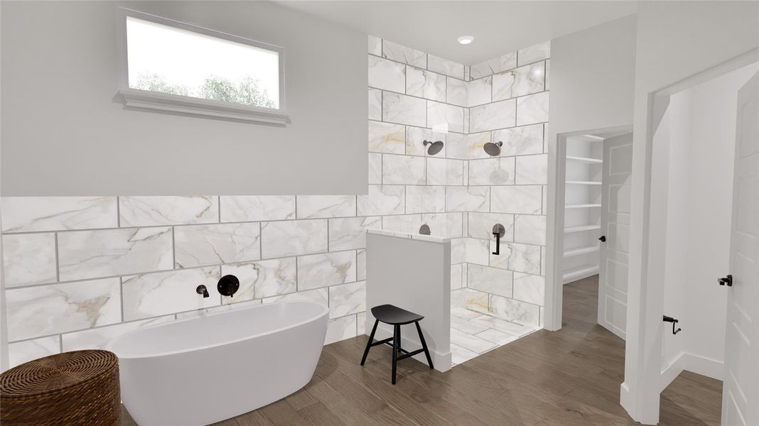 The master bathroom includes a soaking tub and step-in shower.