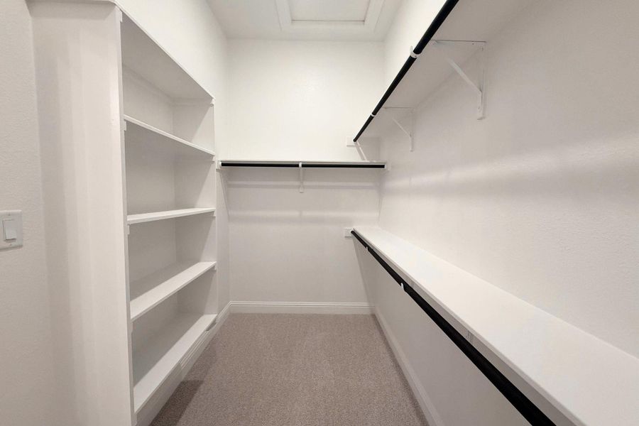 Spacious closet with light colored carpet