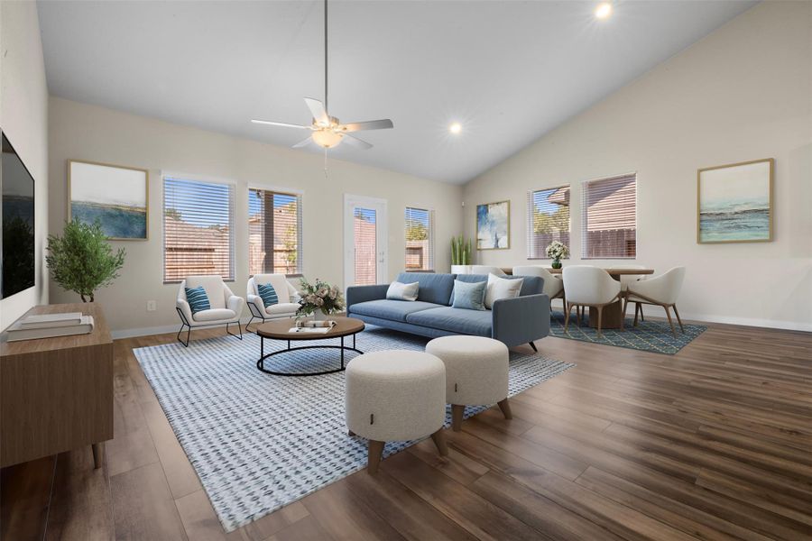 View of living room and dining area-virtually staged