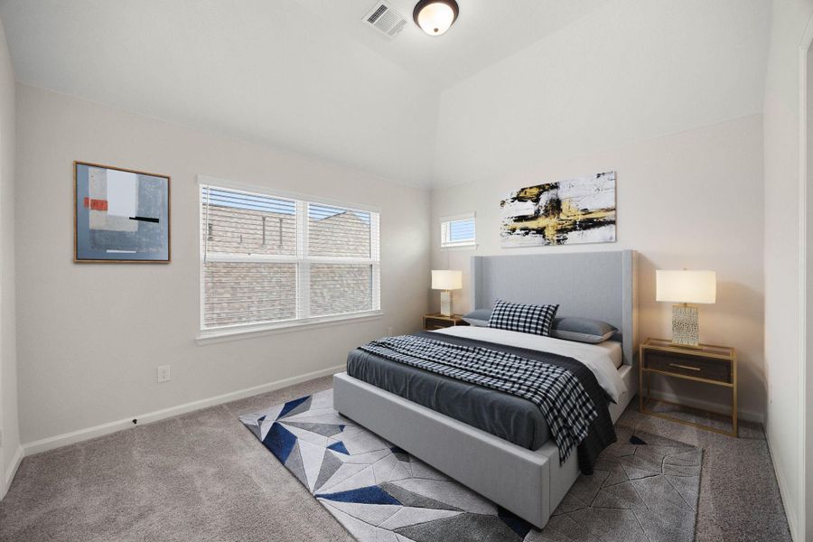 Another beautifully appointed secondary bedroom suite featuring high vaulted architectural ceilings that maximize vertical space. This bright room boasts plush carpeting, a large double window for ample daylight, and a separate high accent window. Complete with its own dedicated ensuite bathroom, this versatile space functions perfectly as a private room for family members or long-term houseguests. *Virtually Staged Another beautifully appointed secondary bedroom suite featuring high vaulted architectural ceilings that maximize vertical space. This bright room boasts plush carpeting, a large double window for ample daylight, and a separate high accent window. Complete with its own dedicated ensuite bathroom, this versatile space functions perfectly as a private room for family members or long-term houseguests. *Virtually Staged