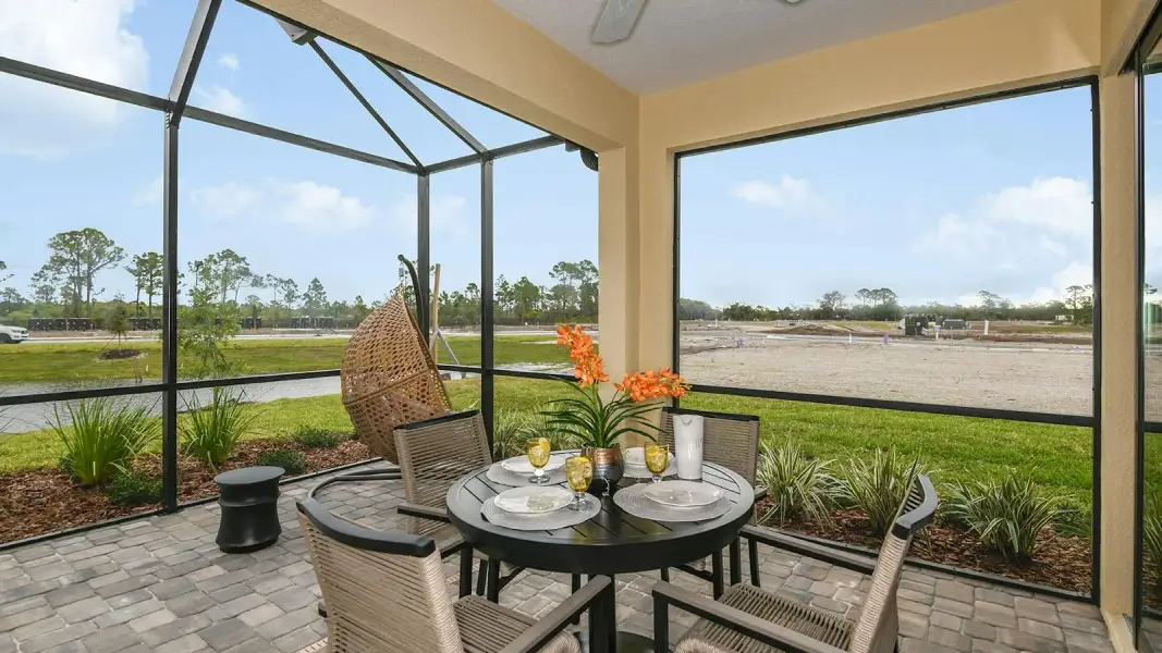 Exterior details and patio area of a home in Vicenza Real Estate and Homes for Sale in North Venice, FL - Neal Communities, Nokomis (Image 3).