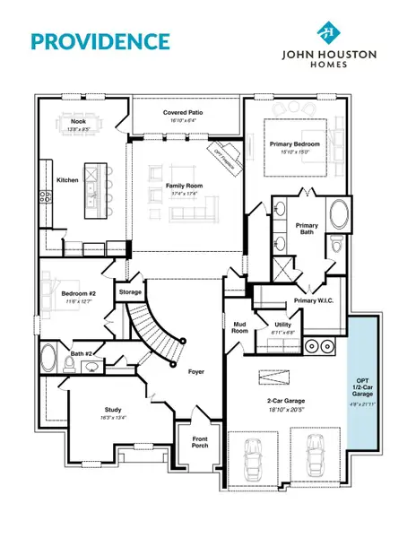 2D floor plan layout for the Providence by John Houston Homes in Byrum Ranch, Maypearl, TX (Image 4).