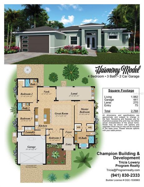 Rendering and Floor Plan of Harmony Design with Square Footage Rendering and Floor Plan of Harmony Design with Square Footage