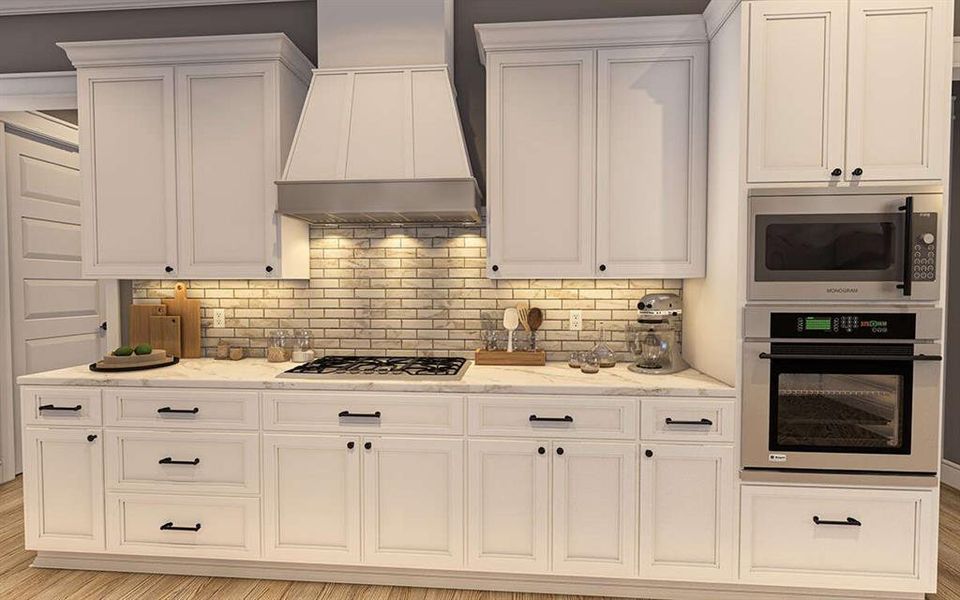 Kitchen featuring custom range hood, appliances with stainless steel finishes, tasteful backsplash, and light wood-style flooring Kitchen featuring custom range hood, appliances with stainless steel finishes, tasteful backsplash, and light wood-style flooring