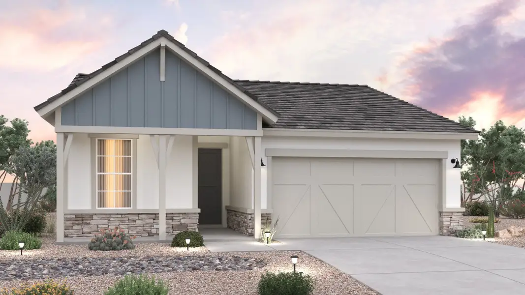 Front exterior of a new home in Teravalis, Buckeye, AZ, highlighting curb appeal (Image 2). Front exterior of a new home in Teravalis, Buckeye, AZ, highlighting curb appeal (Image 2).