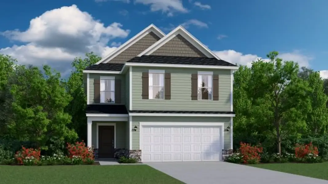 Front exterior of a new home in Victorywoods Village, Columbia, SC, highlighting curb appeal (Image 1).