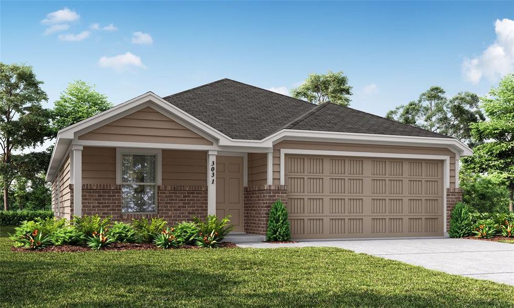 View of front facade featuring a front lawn and a garage