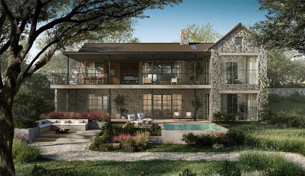 Rear view of property with a balcony, stone siding, a patio area, a chimney, and an outdoor pool