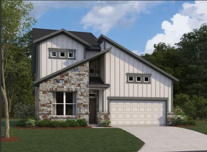 Front exterior of a new home in Cascades at Onion Creek, Austin, TX, highlighting curb appeal (Image 1). Front exterior of a new home in Cascades at Onion Creek, Austin, TX, highlighting curb appeal (Image 1).