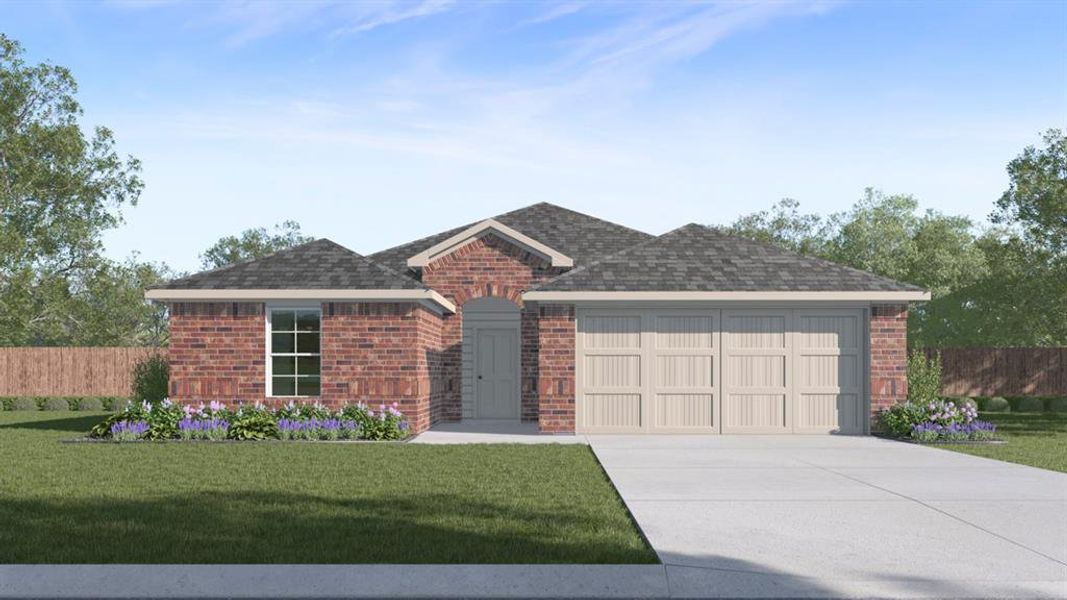 Single story home with brick siding, concrete driveway, a garage, and roof with shingles