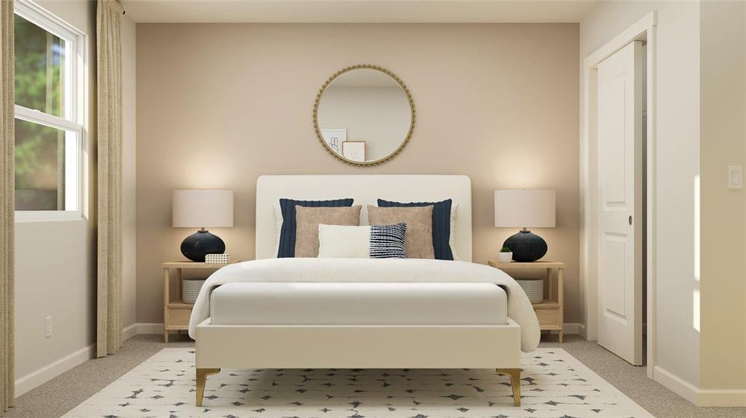 Bedroom with light carpet and baseboards Bedroom with light carpet and baseboards