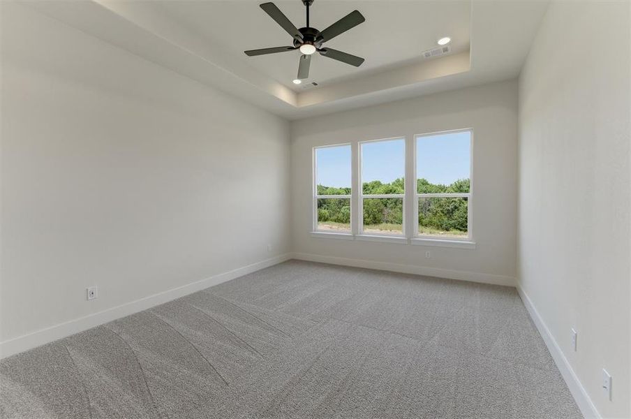 Room featuring a tray ceiling with recessed lighting and a ceiling fan, three large windows, light gray patterned carpeting, and white baseboards