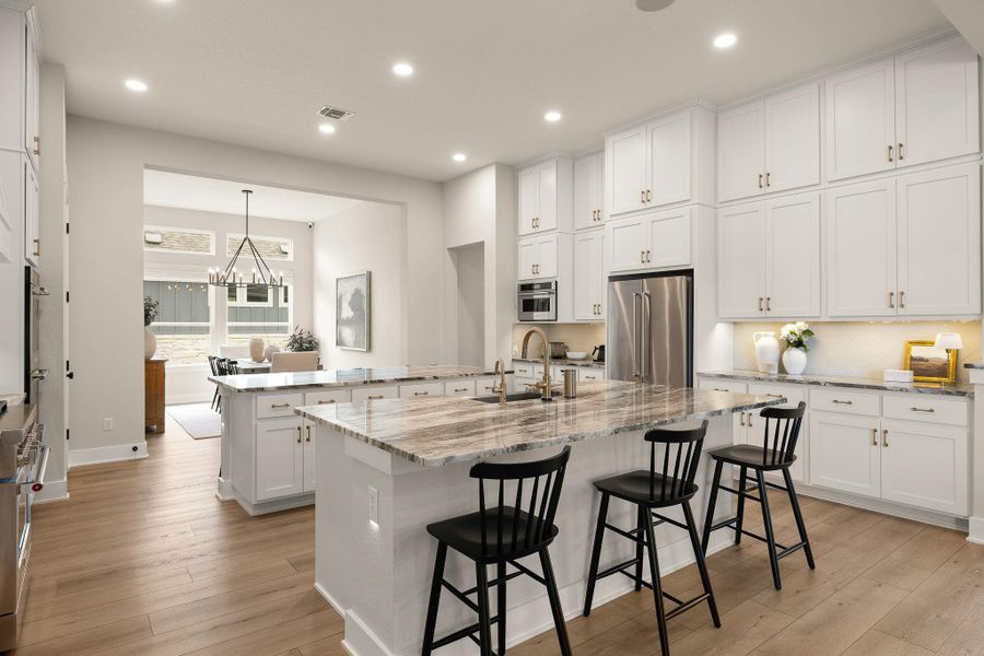 Large center island ideal for gatherings, prep, and casual dining.