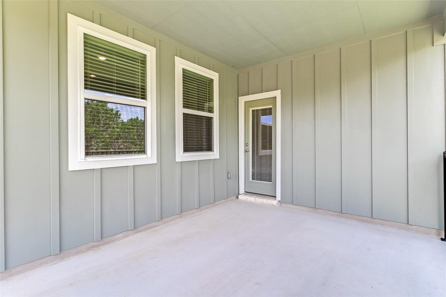Back patio with board and batten style hardie board. Back patio with board and batten style hardie board.