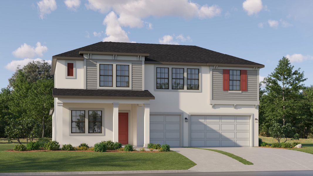 Front exterior of a new home in Two Rivers: The Executives, Zephyrhills, FL, highlighting curb appeal (Image 1). Front exterior of a new home in Two Rivers: The Executives, Zephyrhills, FL, highlighting curb appeal (Image 1).