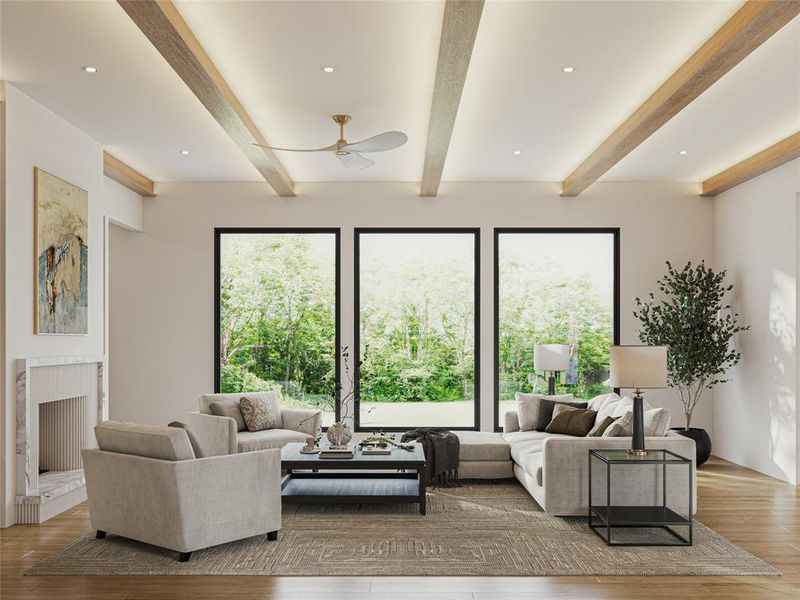 Living area featuring wood-finish flooring, a contemporary fireplace with a stone surround, and three floor-to-ceiling windows